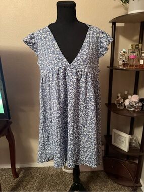 Blue Floral V-Neck Kids Dress - Brand Unknown